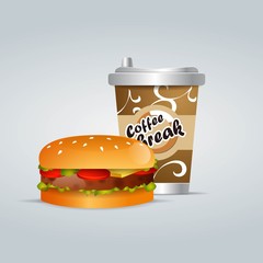 Fast food. Coffee and hamburger. A glass with a drink and a sandwich. Vector. Eps 10.