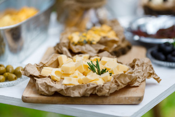 Salty and cheese bar of several kinds of cheese, grapes, olives and snacks decorated on vintage wooden table. Wedding or other holiday party outdoors