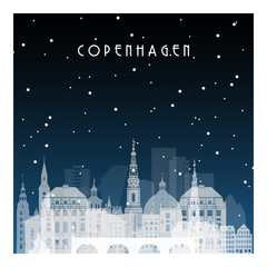 Obraz premium Winter night in Copenhagen. Night city in flat style for banner, poster, illustration, game, background.
