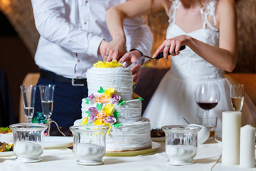 Obraz na płótnie Canvas Groom in suit and bride in white dress cut beautiful multi level