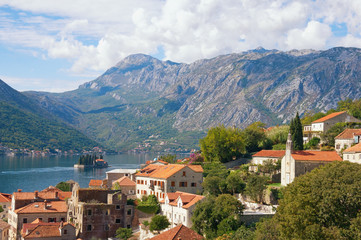 View of Perast town, Bay of Kotor and island of St. George.  Montenegro, autumn