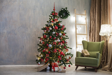 Fototapeta na wymiar room with Christmas decorations Christmas tree gifts