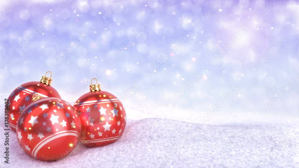 Wall mural red christmas balls in snow on bokeh background - 3d render. seamless loop