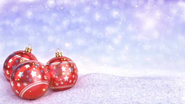 red christmas balls in snow on bokeh background - 3D render. Seamless loop