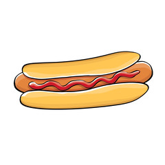 vector cartoon hotdog icon with sausage isolated on white background. Vintage hot dog label design element.