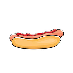 vector cartoon hotdog icon with sausage isolated on white background. Vintage hot dog label design element.
