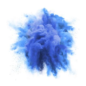 Paint powder explosion or abstract color splash of blue particles burst isolated on white background. Abstract color glitter explode with glowing shimmer texture effect for cosmetic background