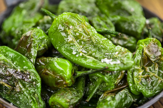 Pimientos de Padron close-up shot, selective focus