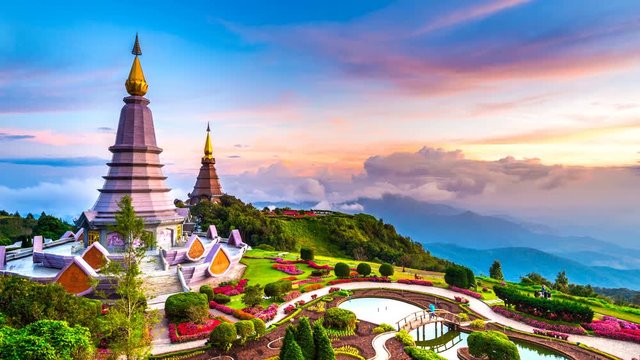 The best of landscape in Chiang mai. Pagodas Noppamethanedol & Noppapol Phumsiri at sunset in Inthanon mountain, Thailand. Time lapse 4K.
