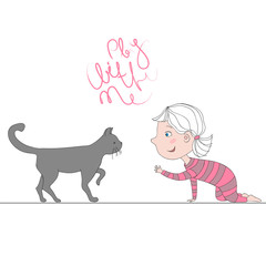 illustration with girl playing with kitten. text play with me