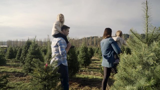 Medium shot of a family walking at a tree farm
