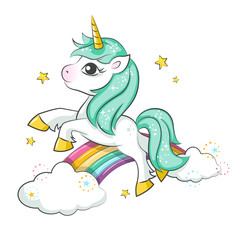 Cute magical unicorn and raibow. Vector design isolated on white background. Print for t-shirt or sticker. Romantic hand drawing illustration for children.