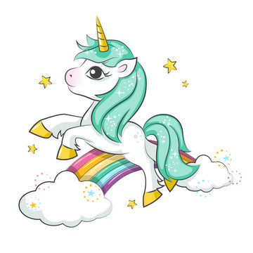 Fototapeta Cute magical unicorn and raibow. Vector design isolated on white background. Print for t-shirt or sticker. Romantic hand drawing illustration for children.