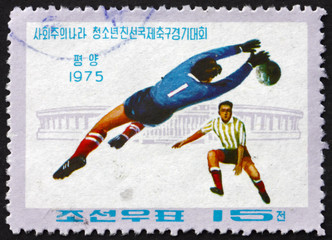 Postage stamp North Korea 1975 soccer players in action