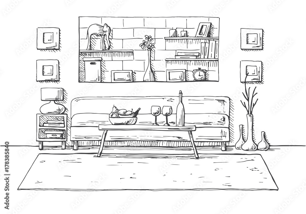 Poster a table in front of the sofa. on the table, a bottle and glasses. a bedside table with a lamp. there