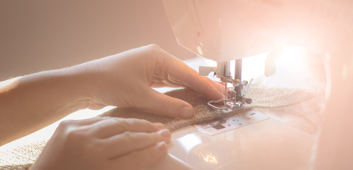 Tailoring Sewing Process Female Hands Burlap Fabric