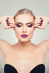 Naklejka premium Beautiful Model Woman with Perfect Makeup and Manicured Nails, Fashion Portrait. Eyes Closed
