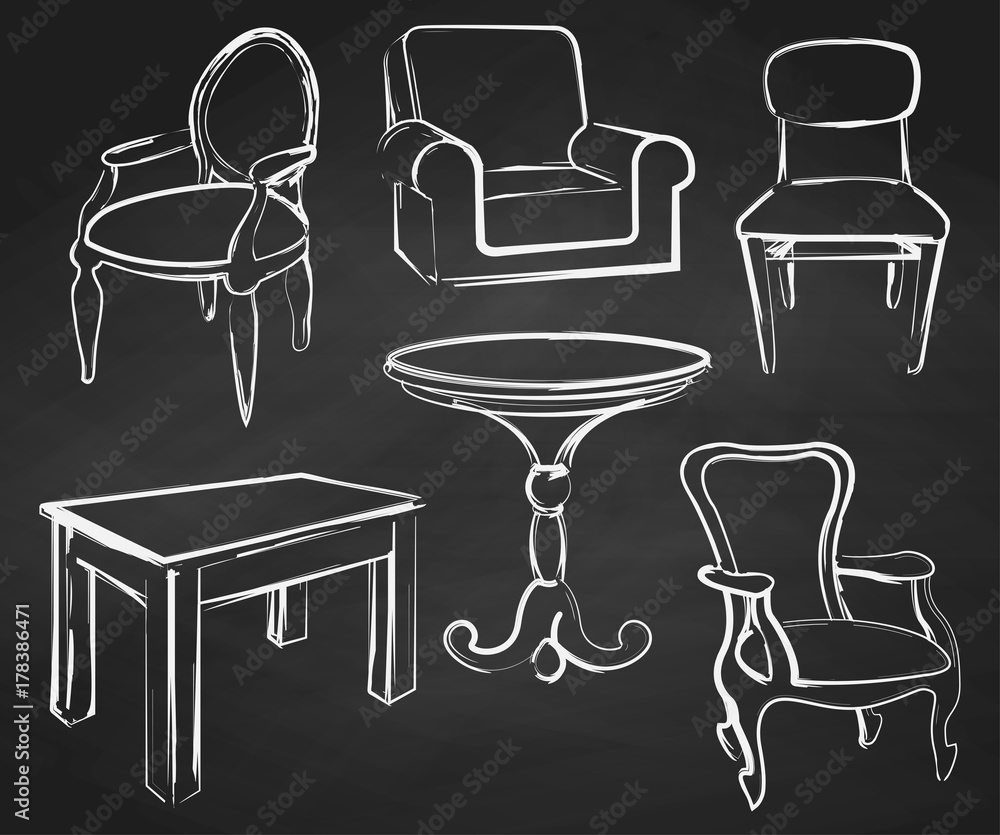 Poster sketch set isolated furniture. different chairs and tables. drawn chalk on a chalkboard.vector illus