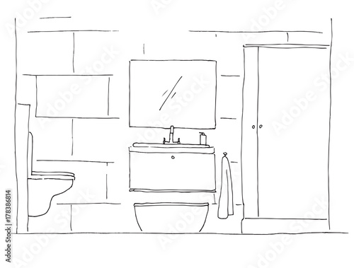 "Hand drawn sketch. Linear sketch of an interior. Part of the bathroom