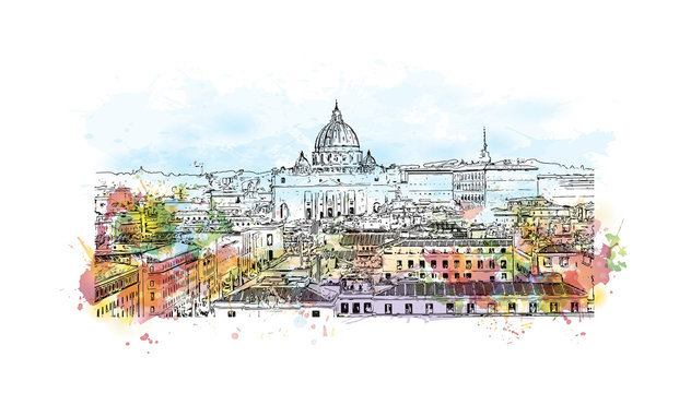 watercolor rome cityscape, st peter's basilica clip art preview