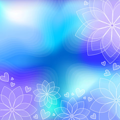 Blue and lilac background with flowers and hearts