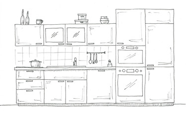 Hand drawn kitchen furniture. Sketch with a pen.