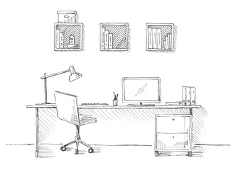 Sketch the room. Office chair, desk, various objects on the table. Sketch workspace.