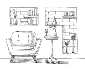 Hand drawn chair, desk, niche in the wall with shelves. On the table is a glass and a vase with a flower. On the shelves of books and other objects of decoration. Vector illustration in sketch style.