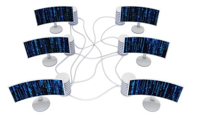 Obraz premium Block chain. Datacenter server net. White Curved LCD tv screens server hard disks and abstract blue matrix binary computer code. 3d render isolated on white.