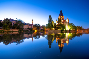 View of Metz with Temple Neuf reflected in the Moselle River, Lorraine, France