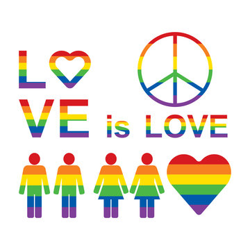 Rainbow LGBT rights icons and symbols. LGBT figures, Love is love slogan.