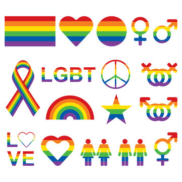 LGBT related symbols set in rainbow colors. Pride, freedom flags, hearts