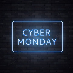 Cyber monday sale neon sign frame light electric banner glowing on black brick wall background, vector illustration
