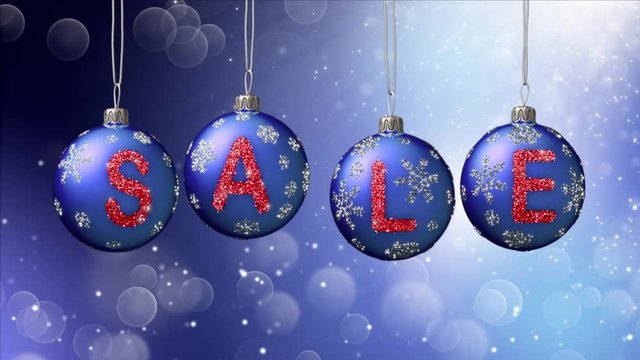 Sale banner on blue Christmas balls with round snow flake on bokeh background. 4K