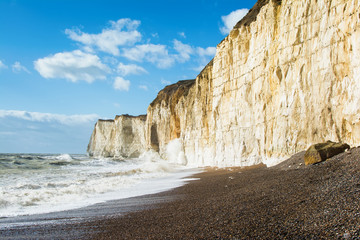 Chalk cliffs between Seaford and Newhaven, near Tide Mills, East Sussex, Enlgand in a high tide, selective focus