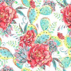 Cotton fabric Watercolor seamless pattern with roses, cactus