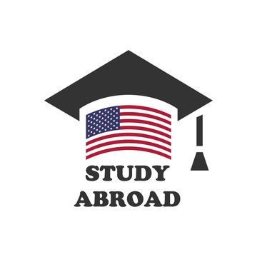 Graduate cap with stylized USA flag. vector illustration. Education icon. Font STUDY ABROAD icon,logo