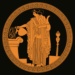 Fototapeta premium Ancient Greek goddess Aphrodite with a pitcher in her hands. Drawing on the vase on a black background.