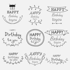 Hand Drawn Happy Birthday Typographic Set. Vector Illustration.