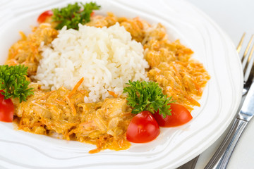 Tasty breakfast rice with stew