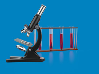 test tube microscope blue background 3d render.