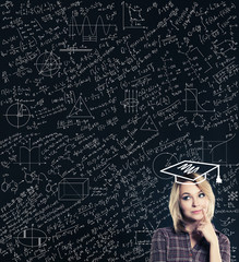 Cute Woman Student against Science Background. Education, Student Exam and Graduation Concept