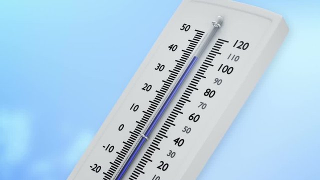 Close up at decreasing temperature on thermometer with blue mercury.
Animation of thermometer with decreasing blue indicator. 