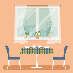 A table with a checkered tablecloth and two blue chairs on a window background. On the windowsill there are pots with room flowers. Vector illustration