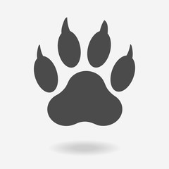 Black paw print of dog with shadow isolated on white background Vector. textiles, background, packaging, printing, website