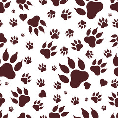 Seamless pattern of traces of dog's paws. Footprints of a dog's paws isolated on a white background. Vector. Textiles, background, packaging, printing, website