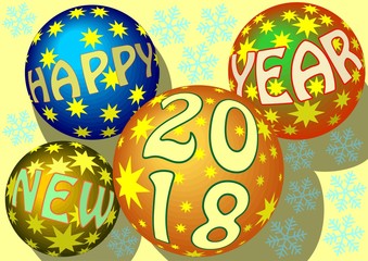 Happy New Year Wish, with christmas balls, snowflakes, and small stars
