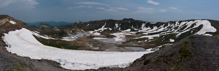 View on the poisonous Ohachidaira caldera in Daisetsuzan National Park, Hokkaido, Japan