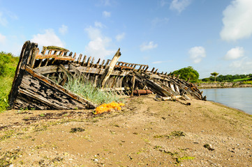 Shipwreck of the Sea Helen Blake Lifeboat on a beach in Wexford Ireland. 9 men were killed 21 Feb 1914 while rescuing a Mexican crew.