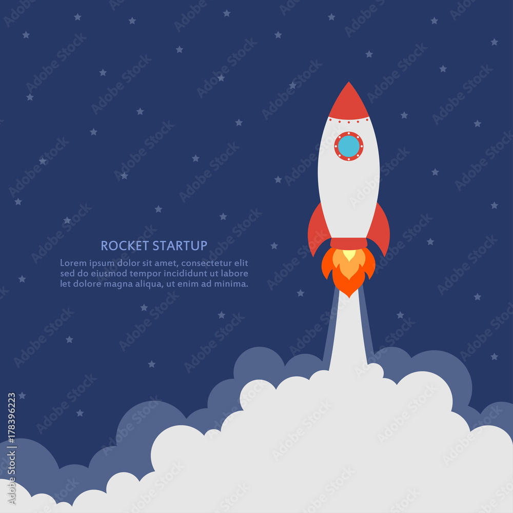 Poster Startup concept with rocket launch. Business banner with spaceship. Development and advanced project. Vector illustration.